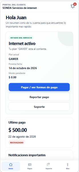 Pantalla de inicio del portal de clientes de WISP Solutions con estado de internet activo y notificaciones push
