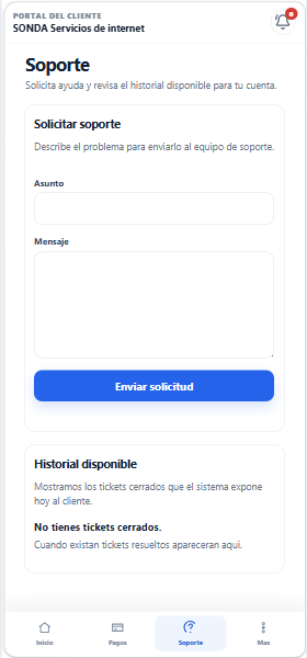 Formulario de ticket de soporte técnico y reporte de fallas en el portal del usuario de WISP