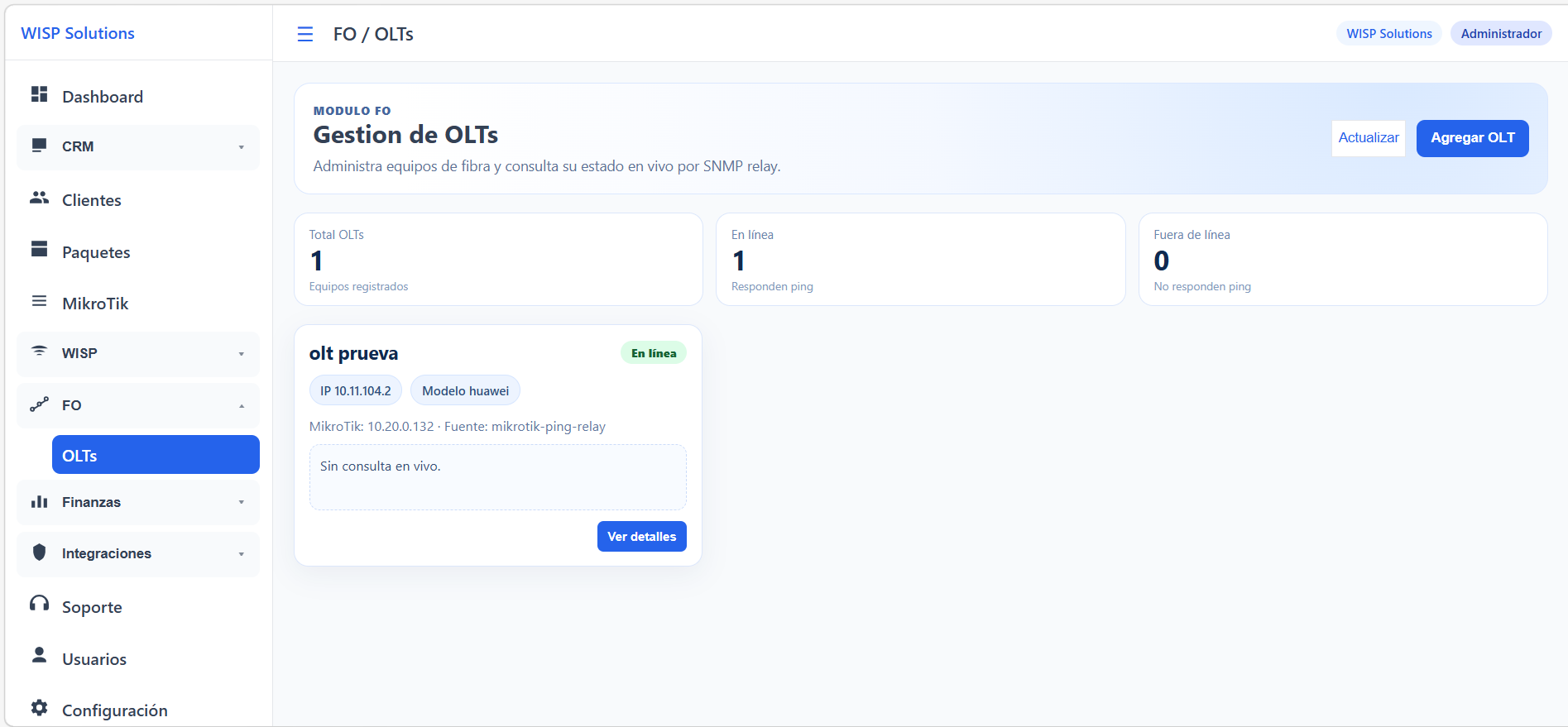 Vista de OLTs y ONUs en beta